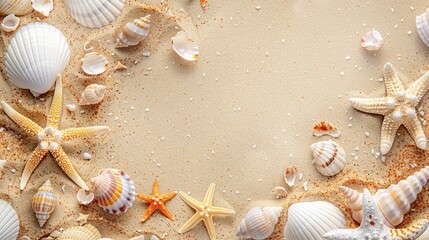 Seashells and starfish arranged in a circular pattern on a sandy beach. Perfect for beach-themed designs and summer concepts