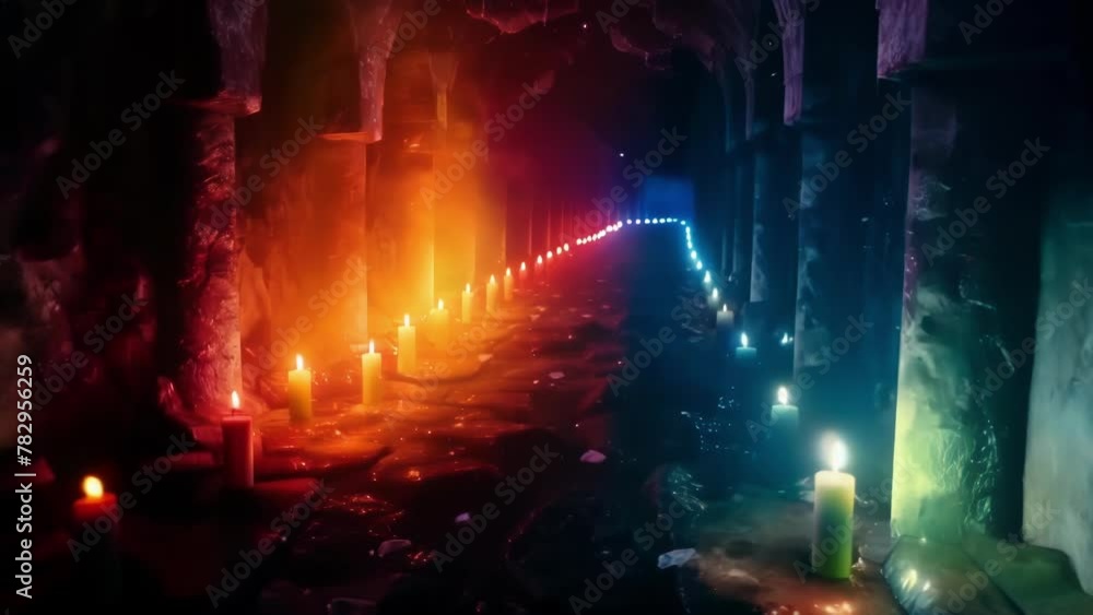 Poster streaks of multicolored candles lined a dark passage each one representing a different element or in