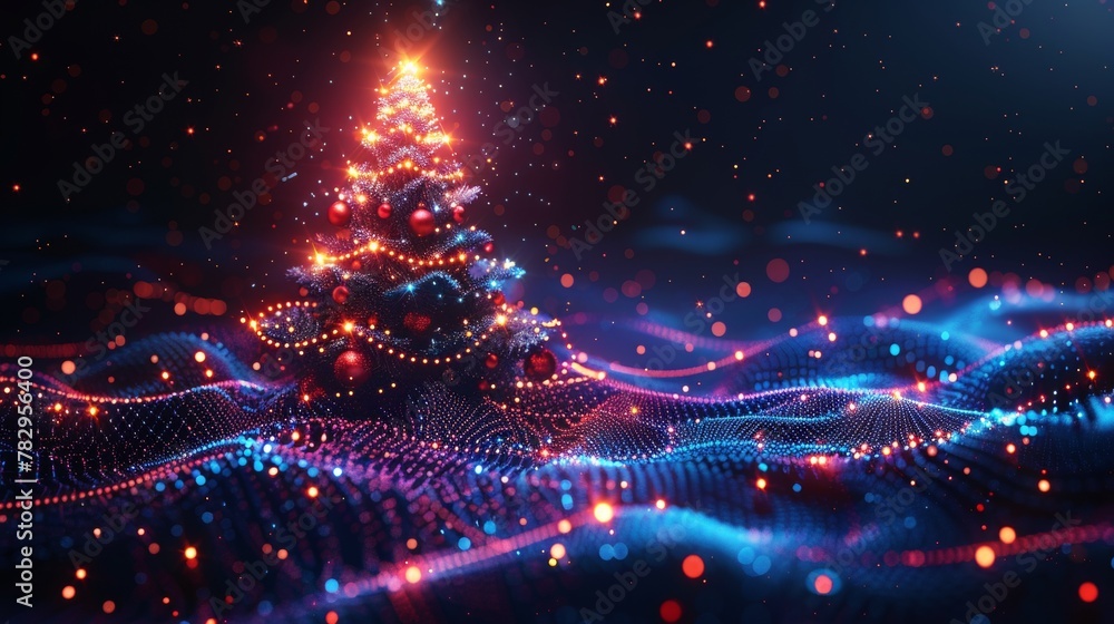 Poster computer tech style christmas and new year banner. isometric christmas tree with ornament balls. dig