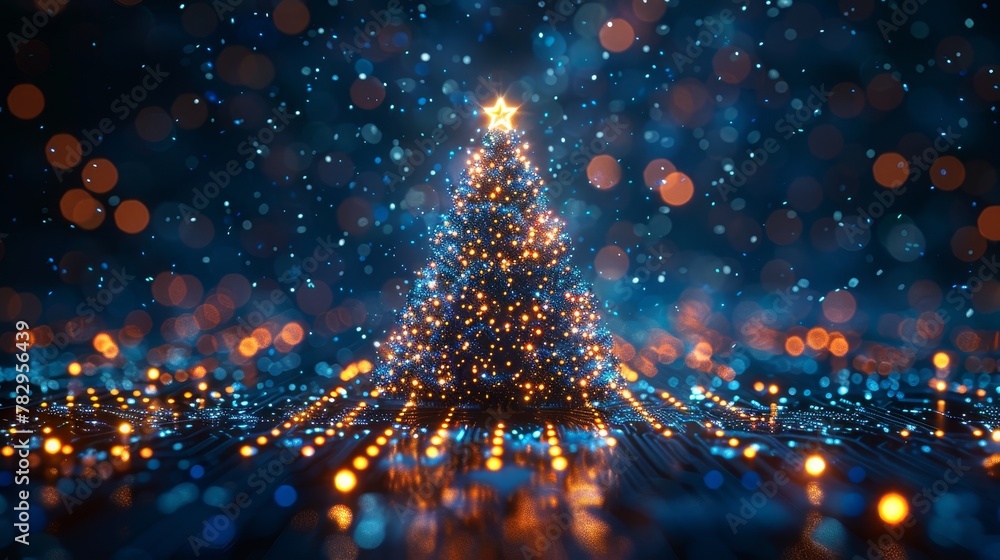 Fototapete Merry Christmas and a Happy New Year in the style of new technology. The Christmas tree is built on a printed circuit board with the year 2023 on it. Snowfall, snowflakes are generated from