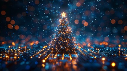 Merry Christmas and a Happy New Year in the style of new technology. The Christmas tree is built on a printed circuit board with the year 2023 on it. Snowfall, snowflakes are generated from - obrazy, fototapety, plakaty