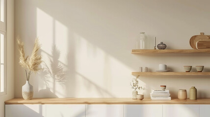 mockup wall in a living room interior with a white cabinet and wooden shelf on an empty blank background