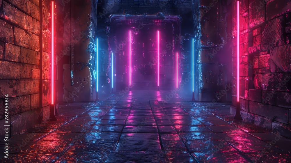 Poster the scene depicts a sci-fi alien cyber stage podium hallway corridor with a neon red blue light on t