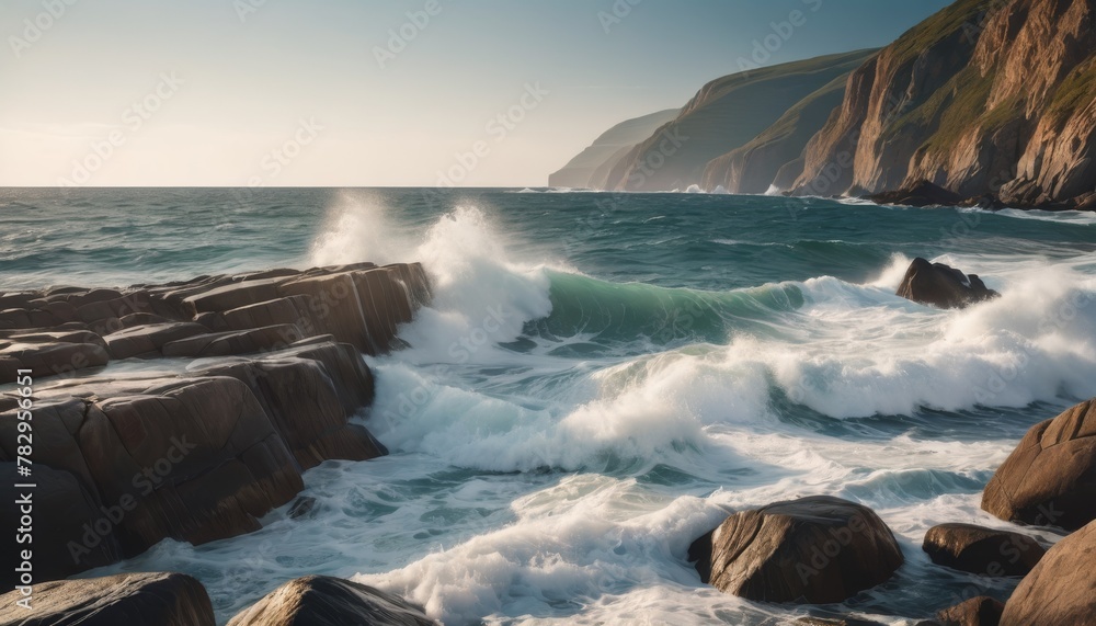 Poster the dynamic force of nature is captured where powerful waves meet the resilient cliffs under a warm 