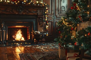 Festive Christmas tree with cozy fireplace background. Perfect for holiday decorations