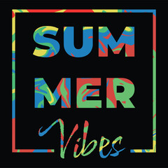 Vector text decorated with tropical multi colored leaves summer vibes print for a T shirt t shirt clothing inscription for abanner vector file design elements on a black background on the theme summer