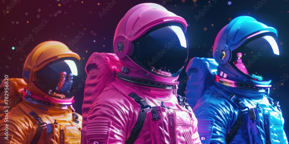 Poster Group of three astronauts standing together. Suitable for science and space exploration concepts