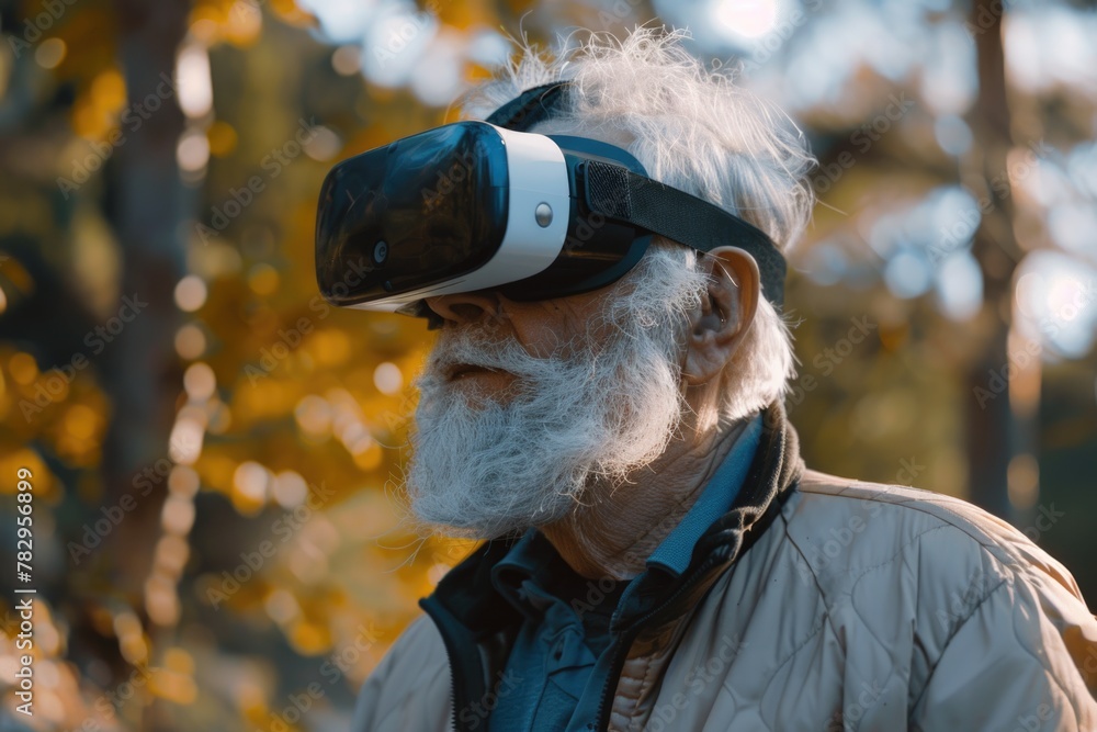 Poster a man with a beard wearing a virtual reality headset. perfect for technology concepts