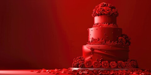 A beautiful red wedding cake adorned with roses. Perfect for wedding and celebration concepts - obrazy, fototapety, plakaty