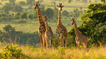 Majestic Giraffe Family Stretching to Reach Tender Leaves in the Serene African Savanna
