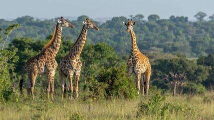 Naklejka na ściany i meble Graceful Giraffes Reaching for Tender Leaves in Lush African Savanna Landscape