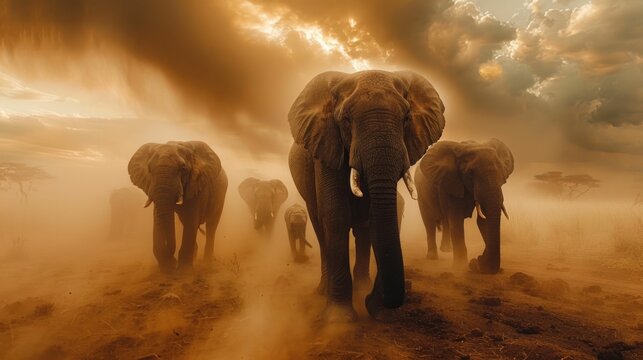 Majestic Elephant Herd Crossing Dust Filled Savanna at Dusk Showcasing the Grandeur of Nature s Wonders