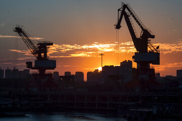 Silhouettes of cranes and machinery on a port at sunset