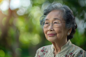 A portrait of an older woman in a floral shirt and glasses. Suitable for lifestyle and senior care concepts