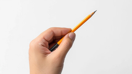 Hand holding a pencil on a white background