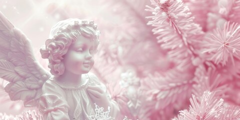 Fototapeta premium Angel statue in a festive pink Christmas tree. Perfect for holiday decorations