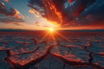 The fiery sky of a dramatic sunset paints a vivid backdrop over the parched desert land, emphasizing the harsh climate - obrazy, fototapety, plakaty