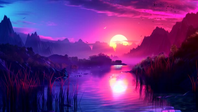 Fantasy Mountain and lake scenery with colorful neon lighting. seamless looping 4k time-lapse animation video backgrounds