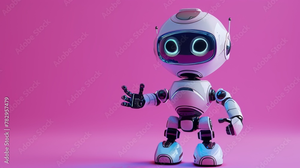 Poster hands up cute 3d robot isolated on purple background. friendly, cute cartoon robot, customer support
