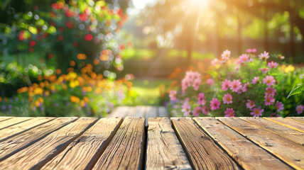 Naklejka na ściany i meble Mockup wooden board surface in the garden with blurred nature background.