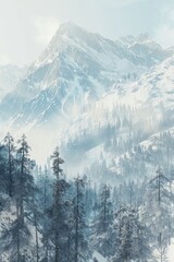A picturesque snow covered mountain with trees in the foreground. Ideal for winter and nature themed projects
