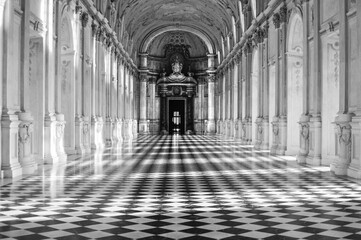 Grayscale of La Venaria Reale corridor in Venaria, Italy