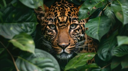 Watchful Leopard Camouflaged Amid Lush Green Foliage in Jungle Wilderness