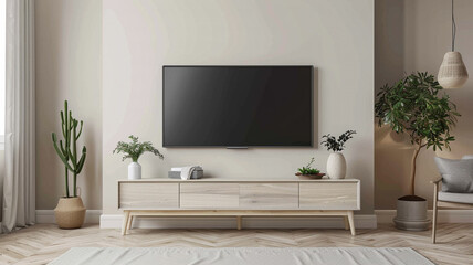 a mockup TV wall in a living room interior design with white wood furniture and beige colors