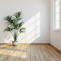 Fototapeta na wymiar empty room with white wall and wooden floor and a plant in the corner