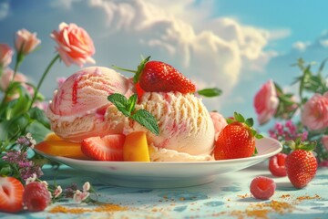 A plate of ice cream topped with juicy strawberries and peaches. Perfect for summer treats and desserts