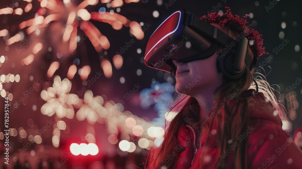 Poster a woman experiencing virtual reality with fireworks in the background. suitable for technology and e