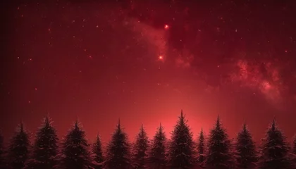  A digital illustration of a mysterious red night sky filled with stars above silhouetted pine trees, emanating a serene yet eerie atmosphere. © video rost