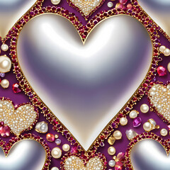 beautiful seamless pattern of pearl gold ivory ruby amethyst heart, sharp detailed vector illustration wallpaper, generative AI 