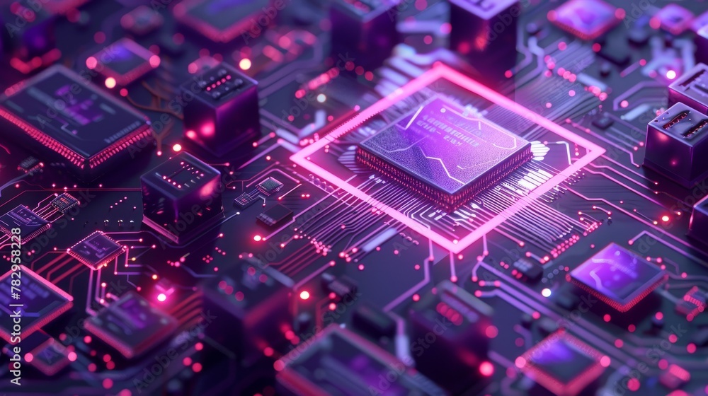 Poster CPU in isometric banner. Central computer processor CPU concept. Digital chip.......