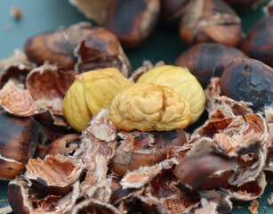 Closeup of peeled roasted chestnuts