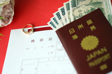 Japanese marriage registration blank document and wedding proposition ring and yen money on table close up