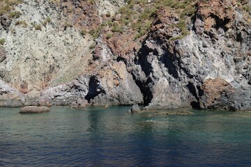 Beautiful landscape of volcanic rock of the geological island of Vulcano Lipari Sicily