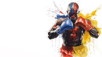 Single continuous line drawing portrait of a professional boxer , splash of yellow, blue and red color, isolated on a white background. Copy space, horizontal 16:9 - obrazy, fototapety, plakaty