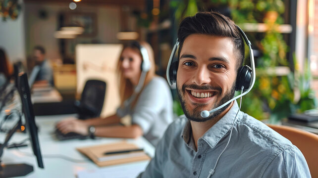 Smiling man call center operator with headset and female agent working in the background at office