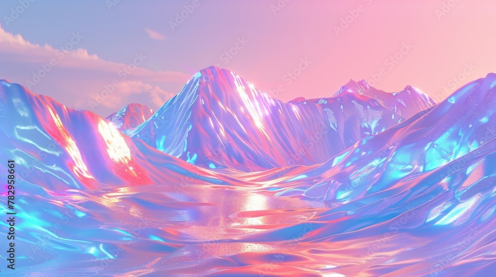 Poster three dimensional rendering of an abstract winter landscape scene with holographic iridescent glossy