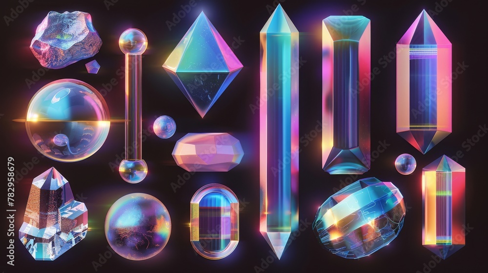Poster trendy retro futuristic set with holographic geometric shapes and a transparent iridescent glass ele