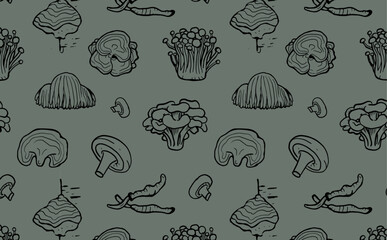 Seamless pattern of hand drawn medicinal mushrooms on green background. Chaga, reishi, shitaki, cordyceps, turkey tail and lions mane mushroom illustration.