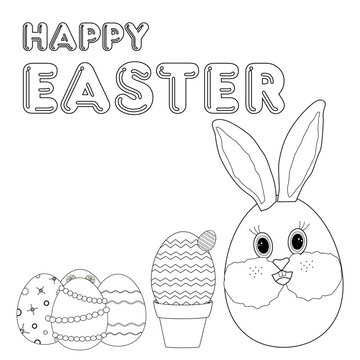Coloring books. Anthropomorphic Easter bunny with a cactus standing in a flower pot and a set of decorated eggs. Happy Easter. Vector contour drawing