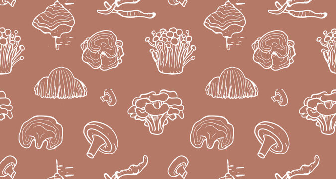 Seamless pattern of hand drawn medicinal mushrooms on brown background. Chaga, reishi, shitaki, cordyceps, turkey tail and lions mane mushroom illustration.