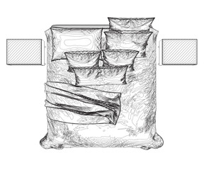 Outline of a sleeping bed with an unmade blanket and pillows from black lines isolated on a white background. View from above. Vector illustration.