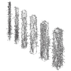 Contour of columns entwined with plants with leaves made of black lines isolated on a white background. 3D. Vector illustration. A set of columns of different sizes. Isometric view.