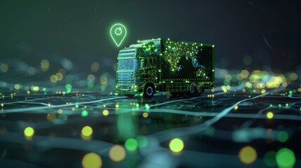 Graphic of a GPS pointer with a transportation vehicle, illustrating green logistics or transportation technology