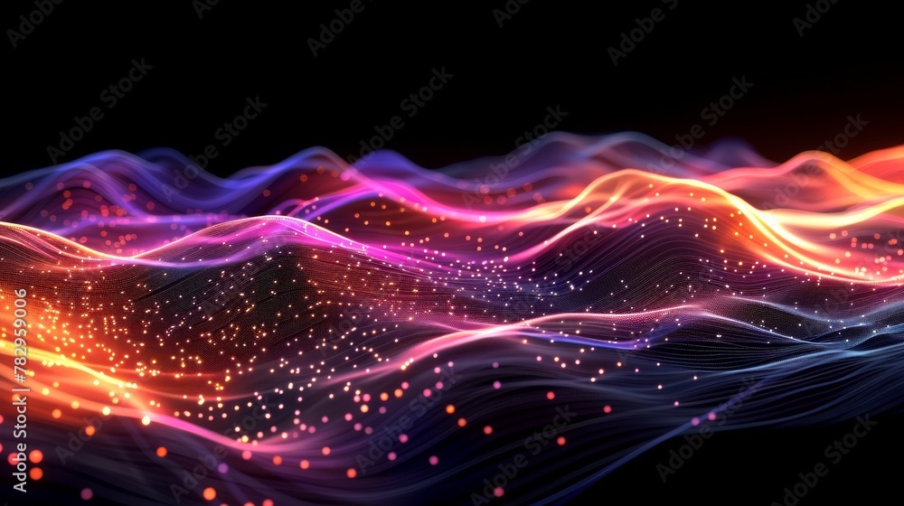 Aufkleber wave of particles on a gradient hologram with a digital technology background.