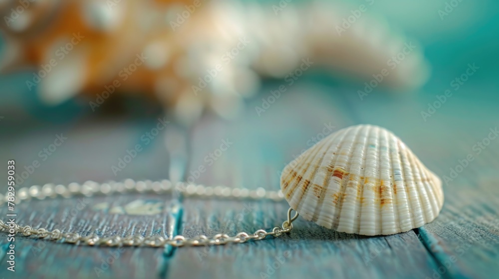Poster A seashell attached to a chain on a rustic wooden table. Perfect for beach-themed designs or jewelry concepts