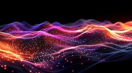 Wave of particles on a gradient hologram with a digital technology background.